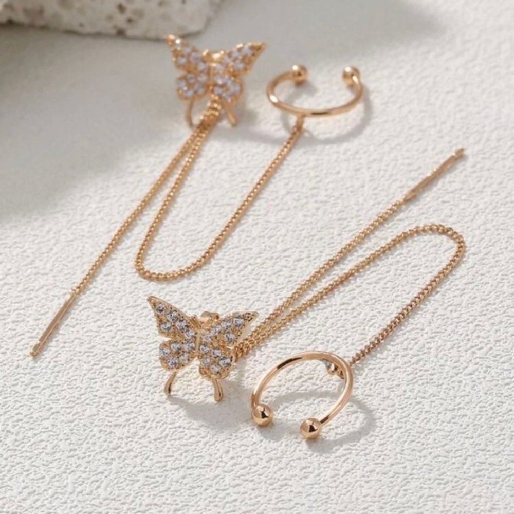 2pcs Cubic Zirconia Butterfly Decor Chain Linked Earring Yellow Gold Jewelry - Picture 2 of 6